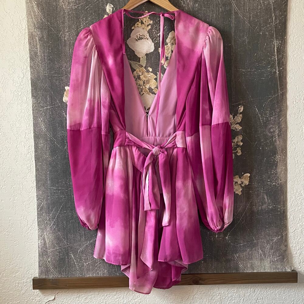 RTR TOCCIN X RTR Pink Tie Dye Romper Sz 2 Open Back Satin Long Sleeve Ruffles - Picture 9 of 12